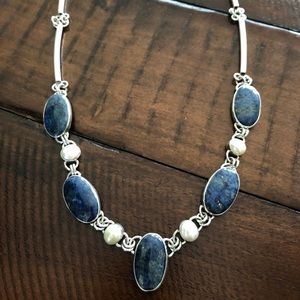Sterling silver, sodalite, and pearl necklace